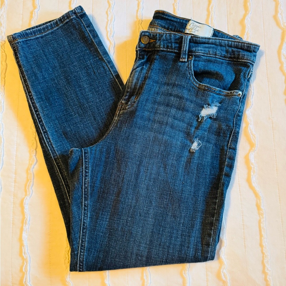 "Cosmic Blue Love" Distressed Ankle Length Jeans Size 33